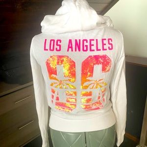 PINK Victoria’s Secret ‘86 Los Angeles white sequin zip up hoodie. Retro. Y2K.